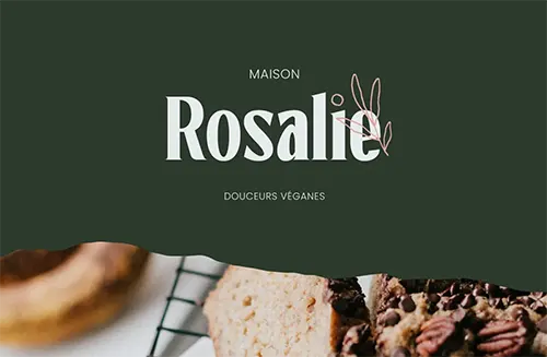 Logo de Maison Rosalie, pâtisserie végan, avec une image de gâteau aux noix de pécan. Image d'illustration pour l'article "Comment choisir sa graphiste : 10 questions à lui poser".