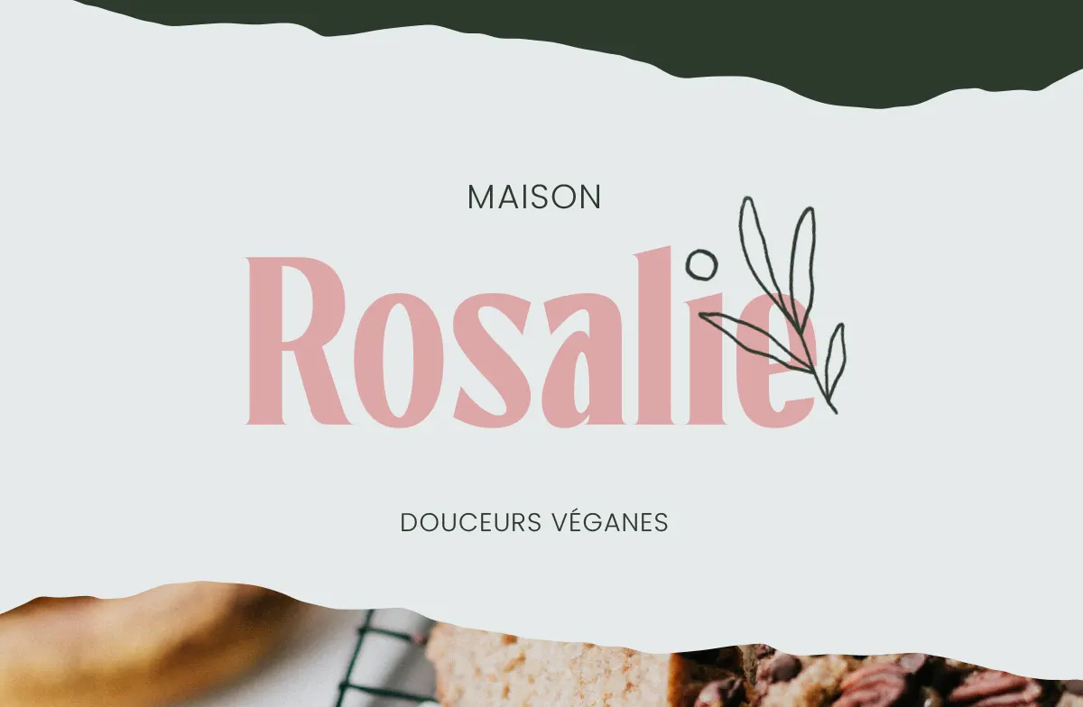 Logo de Maison Rosalie, pâtisserie végan, avec une image de gâteau aux noix de pécan. Image d'illustration pour l'article "Comment choisir sa graphiste : 10 questions à lui poser".